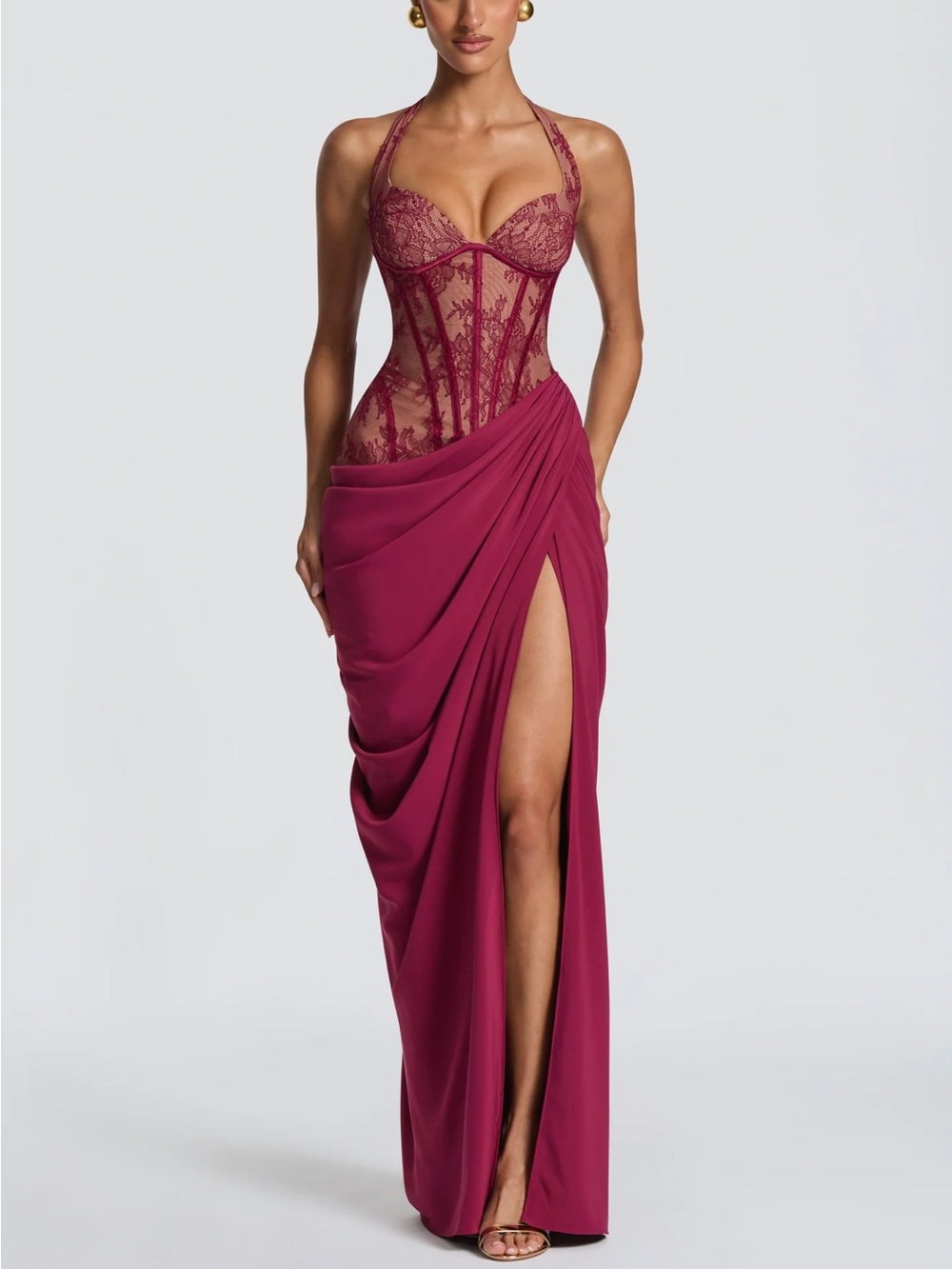 Sheer Lace Halter Corset Gown in Berry Plum
